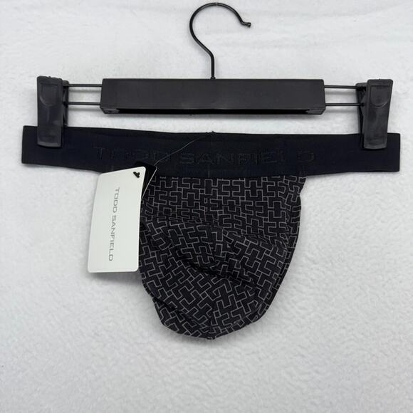 Todd Sanfield Thong Men's Small Black Gray Greek Key Supima Pima Underwear NEW - Picture 1 of 5